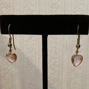 Vintage Rose Gold tone metal Rose Quartz Colored Crystal Heart Dangle Earrings
